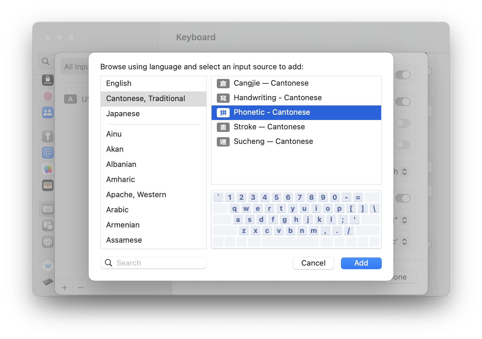Mac system keyboard settings on 'Cantonese, Traditional' Input Sources with 'Phonetic - Cantonese' selected